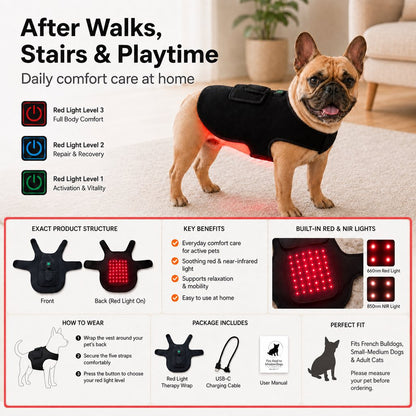 Ortekor FrenchieGlow Red Light Comfort Vest for French Bulldogs - USB-Powered or Built-In Battery At-Home Back, Belly & Hip Comfort After Walks, Stairs & Playtime