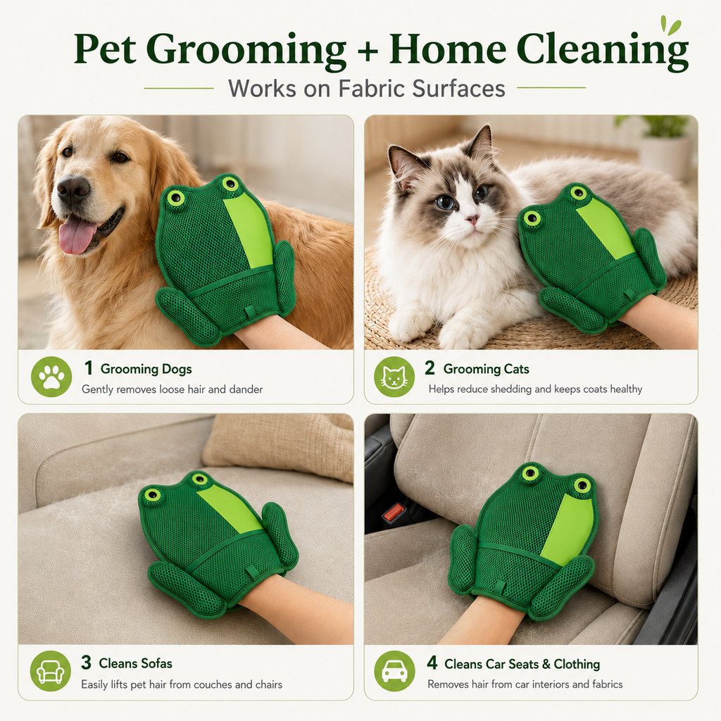 Ortekor Froggy Pet Hair Removal Grooming Mitt for Cats & Dogs - Gentle Daily Deshedding Glove for Sofas, Rugs, Clothes & Car Seats