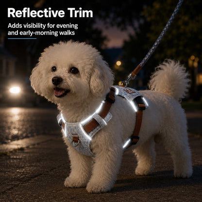Ortekor Vintage Denim No-Pull Dog Harness &5 ft Rope Leash Set - Soft Adjustable Vest for Everyday Walks, Better Control & Low-Light Visibility