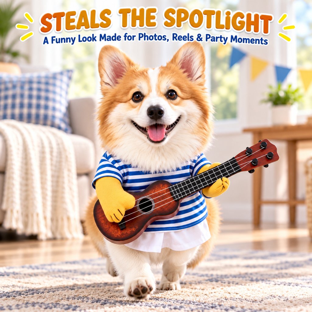Ortekor Funny Guitar Player Dog Costume with Fake Arms & Guitar - Halloween Party Outfit for Instant Photo-Ready Fun
