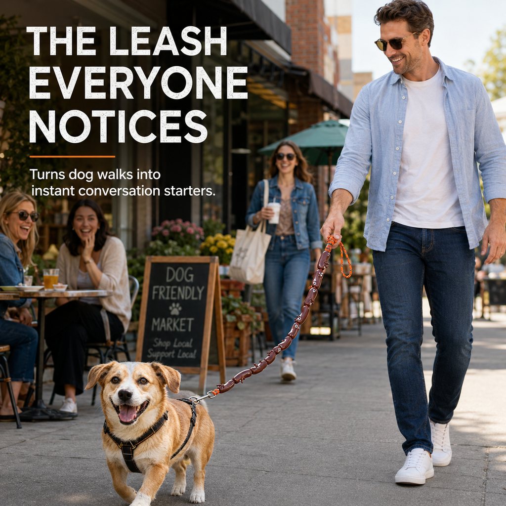 Ortekor Funny Sausage Link Dog Leash for Daily Walks – 10-Link 53 in Extended Lead with 360° Swivel Clasp to Help Reduce Twisting