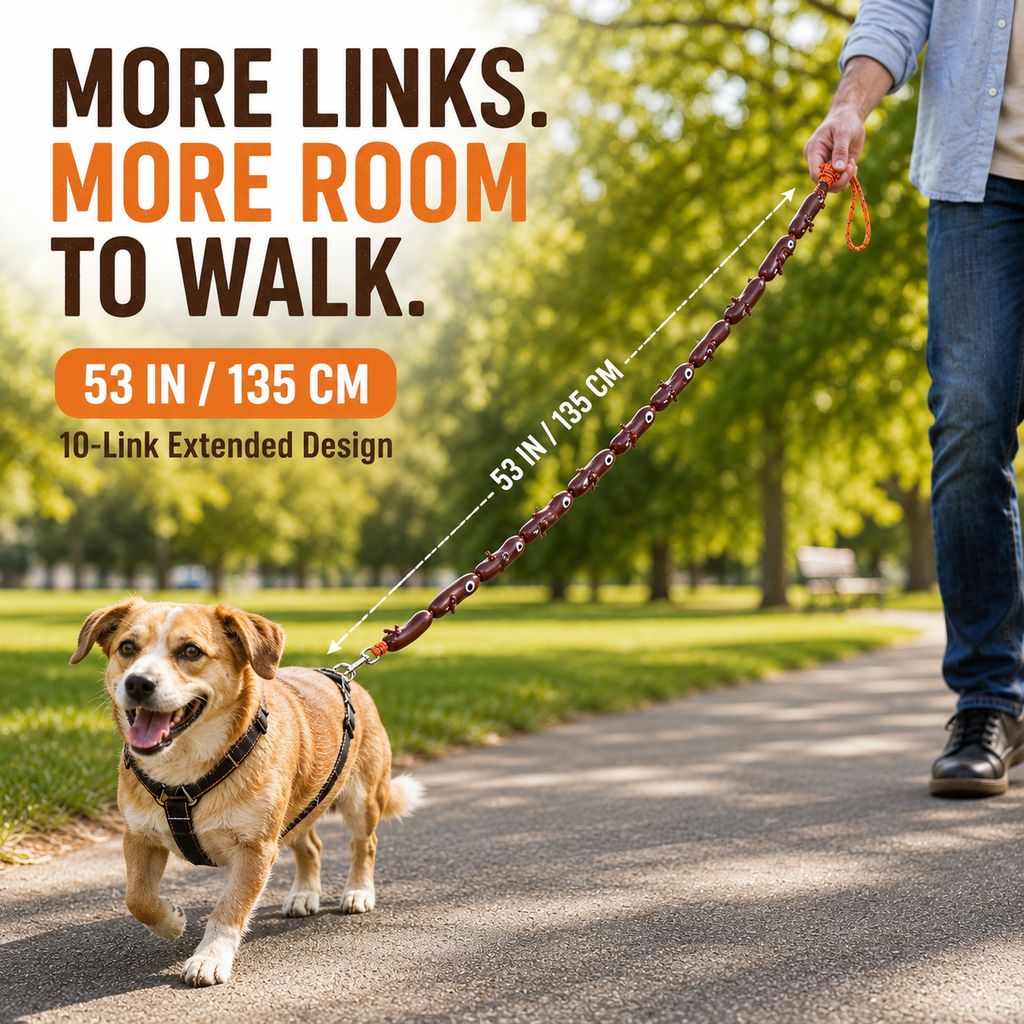 Ortekor Funny Sausage Link Dog Leash for Daily Walks – 10-Link 53 in Extended Lead with 360° Swivel Clasp to Help Reduce Twisting