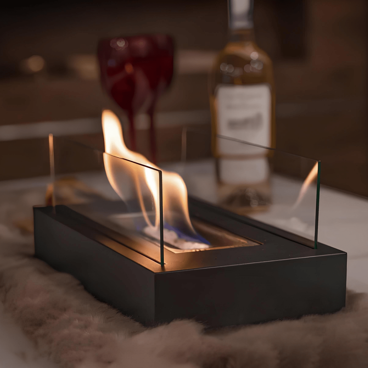 Compact Bioethanol Flame Bowl Steel & Glass 11 in Desk Fire Pit Indoor Outdoor Ambiance Heater Portable Eco Table Top Burner Living Room Pat
