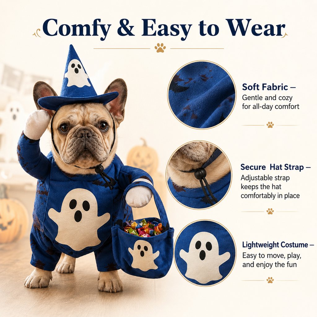 Ortekor Glow-in-the-Dark Ghost Wizard Dog Costume with Hat & Treat Bag, Halloween Pet Outfit for Trick-or-Treat, Parties, Photos & Costume Events