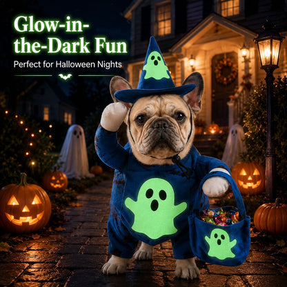Ortekor Glow-in-the-Dark Ghost Wizard Dog Costume with Hat & Treat Bag, Halloween Pet Outfit for Trick-or-Treat, Parties, Photos & Costume Events