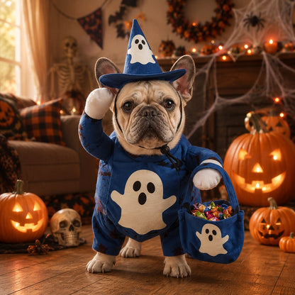 Ortekor Glow-in-the-Dark Ghost Wizard Dog Costume with Hat & Treat Bag, Halloween Pet Outfit for Trick-or-Treat, Parties, Photos & Costume Events