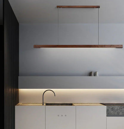 Linear Wood LED Pendant Light for Kitchen Island & Dining – Scandinavian Modern Hanging Fixture in Pine or Walnut