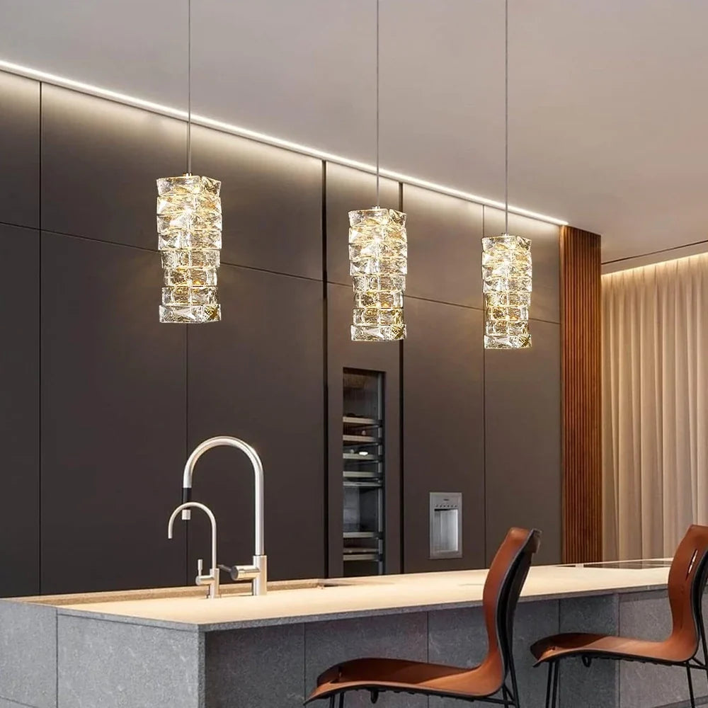Layered Glass LED Hanging Light 10 in Vertical Drop Chrome Gold Kitchen Island Dining Room Ceiling Fixture Modern Stacked Crystal Pendant Ba