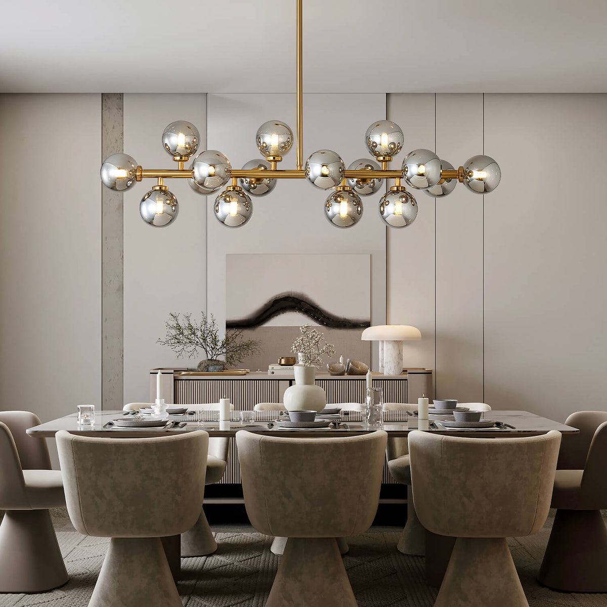 16-Light Linear Island Chandelier with Frosted Glass Globes Gold Finish for Dining Room Kitchen