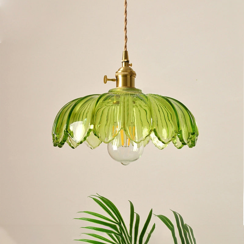 Floral Glass Shade Ceiling Fixture Green 10 Inch Adjustable Cord E27 Socket for Dining Room Kitchen Hallway Vintage Copper Accent Home Light