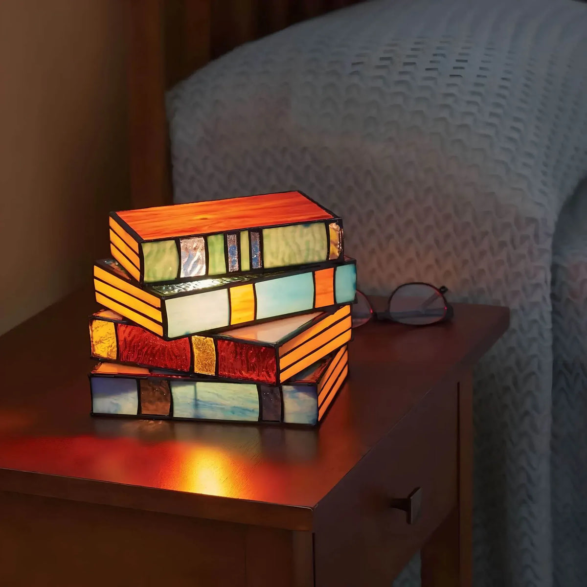 Handcrafted Stained Glass Table Lamp Book Stack Design Multicolor Artistic Accent Lighting for Reading Nook Library Bedroom Living Room