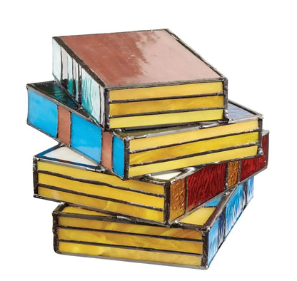 Handcrafted Stained Glass Table Lamp Book Stack Design Multicolor Artistic Accent Lighting for Reading Nook Library Bedroom Living Room