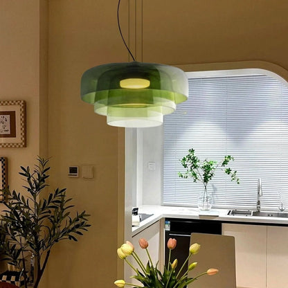 Layered Glass Hanging Light 16.5 in Orange for Kitchen Island & Dining Table – Adjustable Cord Suspension Fixture LED Included Modern Scandi