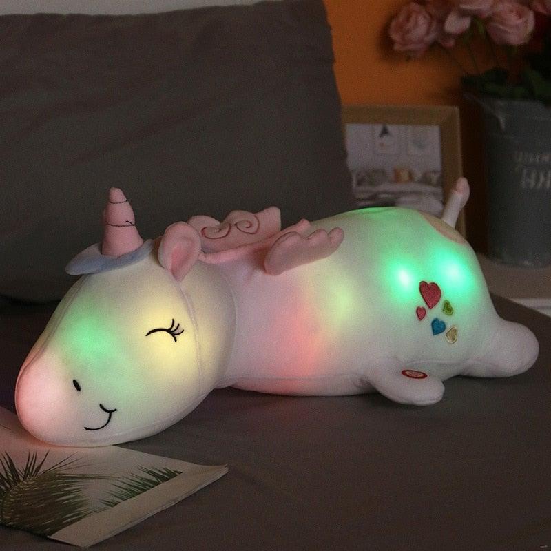 Glowing LED Unicorn Plush Toy for Kids Bedtime & Nursery Decor with Light-Up Rainbow Mane in Pink Blue White