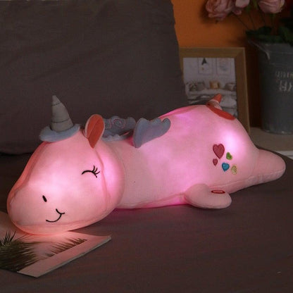 Glowing LED Unicorn Plush Toy for Kids Bedtime & Nursery Decor with Light-Up Rainbow Mane in Pink Blue White