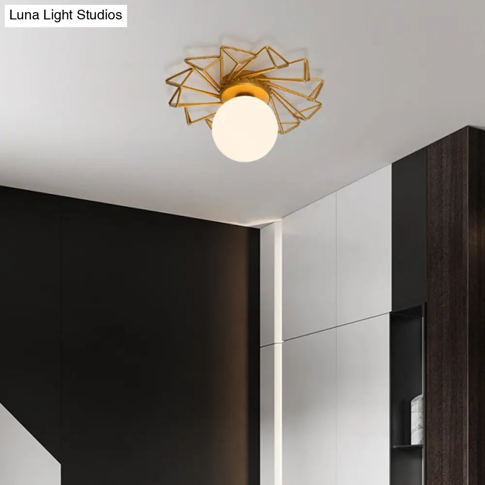 Contemporary Sphere Flush Mount Ceiling Fixture – Gold Metal Frame, Cream Frosted Globe – Low Profile Hallway & Bedroom Lighting for