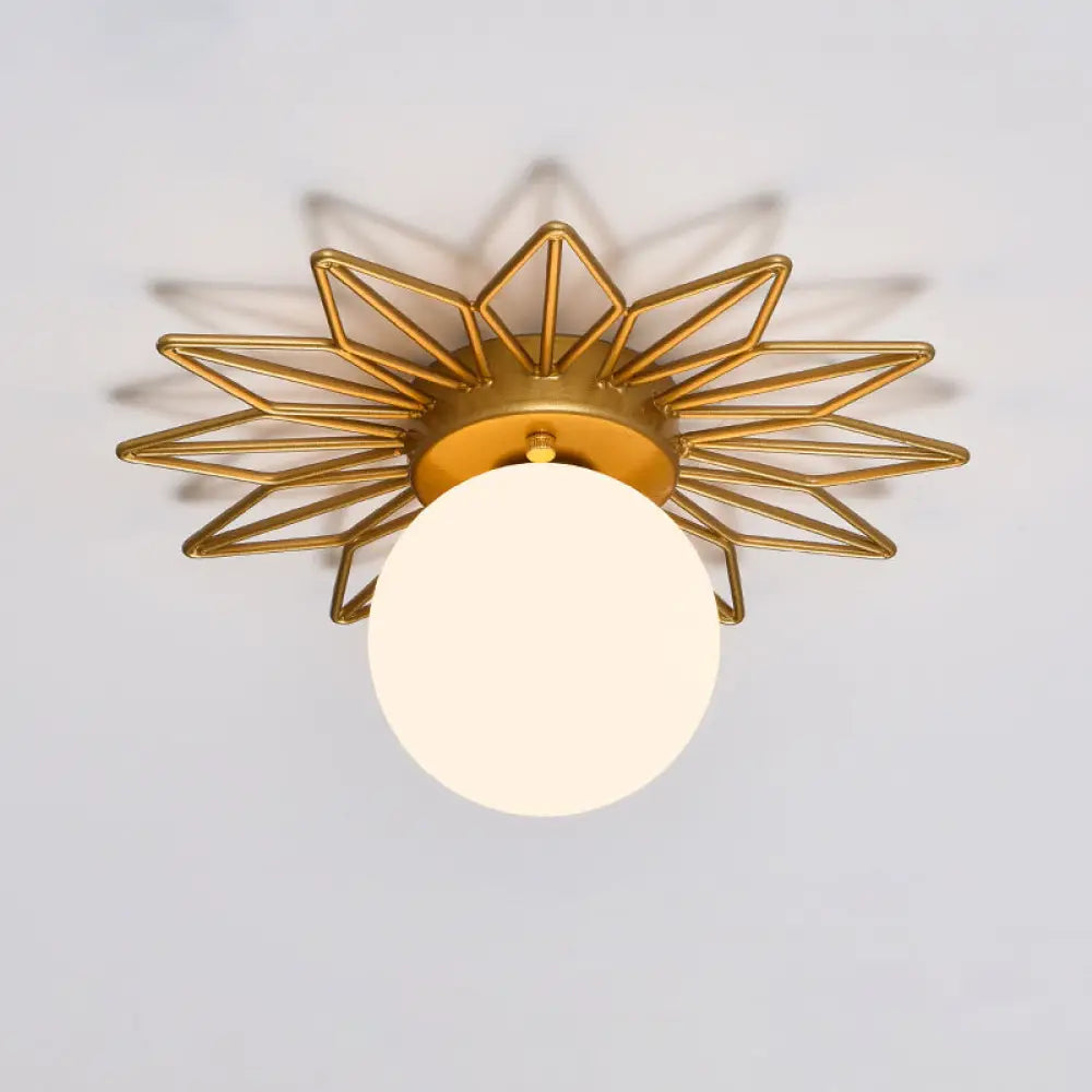 Contemporary Sphere Flush Mount Ceiling Fixture – Gold Metal Frame, Cream Frosted Globe – Low Profile Hallway & Bedroom Lighting for