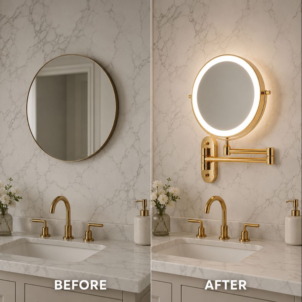 Miroir de maquillage mural lumineux, miroir de courtoisie double face rechargeable, pivotant à 360°, grossissement réglable, commande tactile, 3 modes d'éclairage