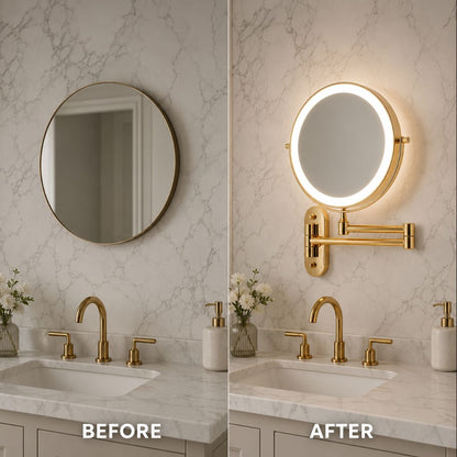 Miroir de maquillage mural lumineux, miroir de courtoisie double face rechargeable, pivotant à 360°, grossissement réglable, commande tactile, 3 modes d'éclairage
