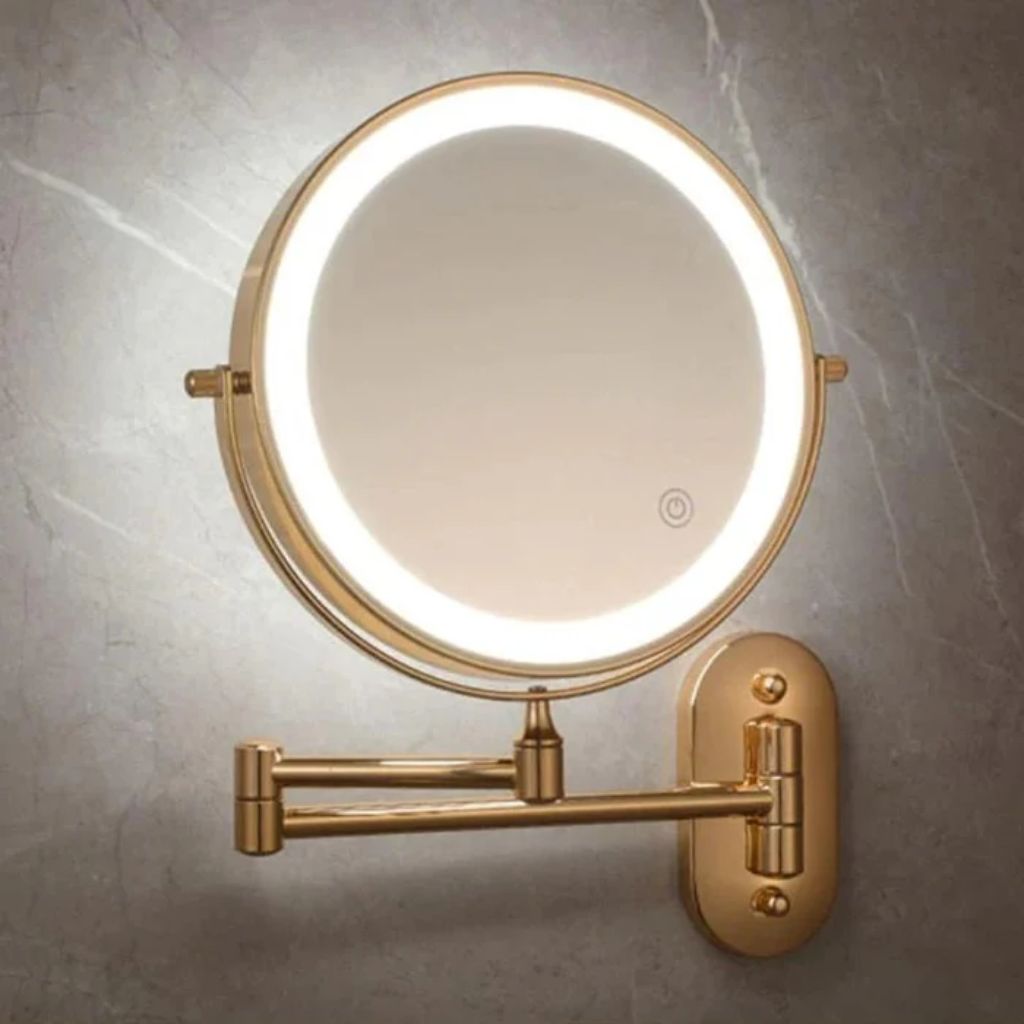 Miroir de maquillage mural lumineux, miroir de courtoisie double face rechargeable, pivotant à 360°, grossissement réglable, commande tactile, 3 modes d'éclairage