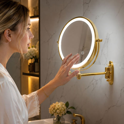 Miroir de maquillage mural lumineux, miroir de courtoisie double face rechargeable, pivotant à 360°, grossissement réglable, commande tactile, 3 modes d'éclairage