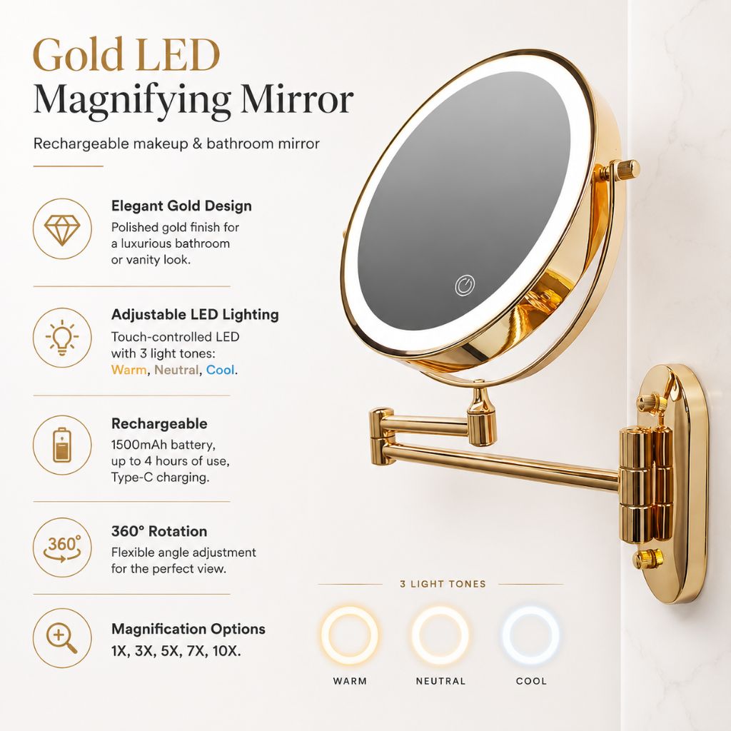 Miroir de maquillage mural lumineux, miroir de courtoisie double face rechargeable, pivotant à 360°, grossissement réglable, commande tactile, 3 modes d'éclairage