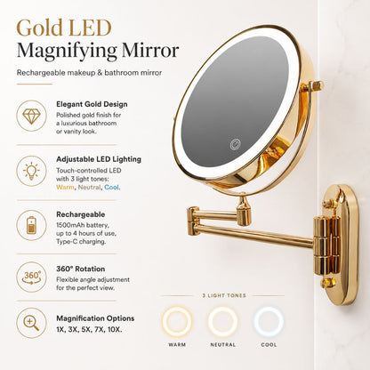 Miroir de maquillage mural lumineux, miroir de courtoisie double face rechargeable, pivotant à 360°, grossissement réglable, commande tactile, 3 modes d'éclairage