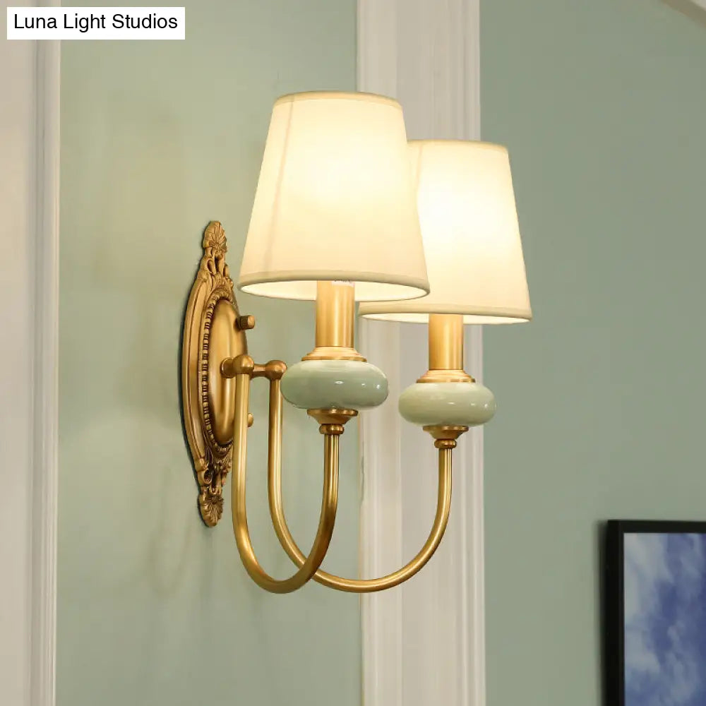 Curved Arm Wall Sconce with Fabric Shade & Jade Accent — 1 or 2 Lights — Brushed Brass Finish for Living Room, Bedroom, Hallway