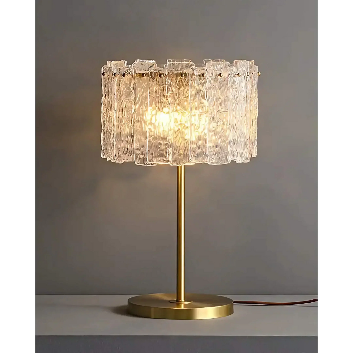 Brass Stem Accent Lamp with Textured Glass Shade 24 in Tall Bedroom Nightstand Light Modern Plug-In Fixture Clear Diffused Glow for Consoles