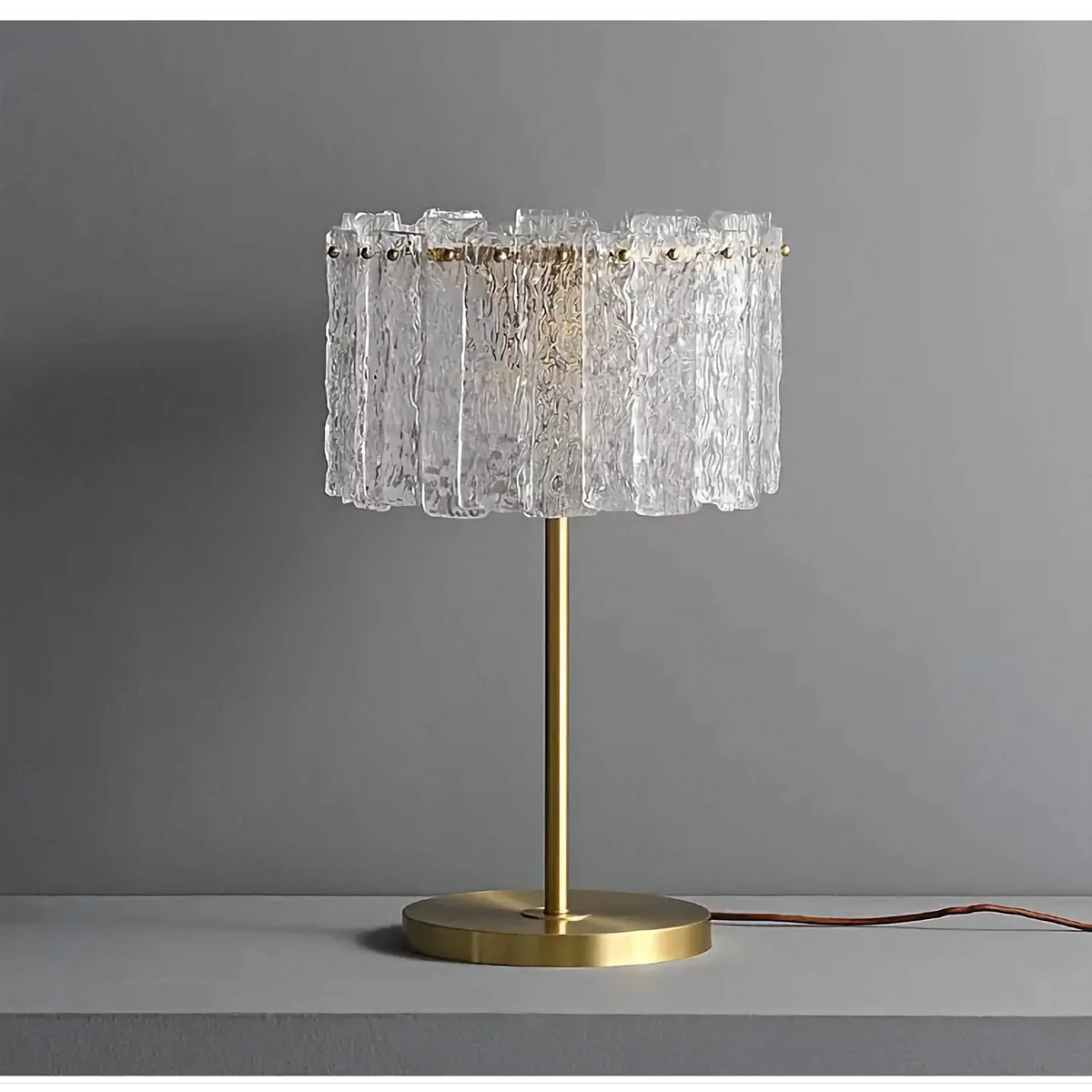Brass Stem Accent Lamp with Textured Glass Shade 24 in Tall Bedroom Nightstand Light Modern Plug-In Fixture Clear Diffused Glow for Consoles