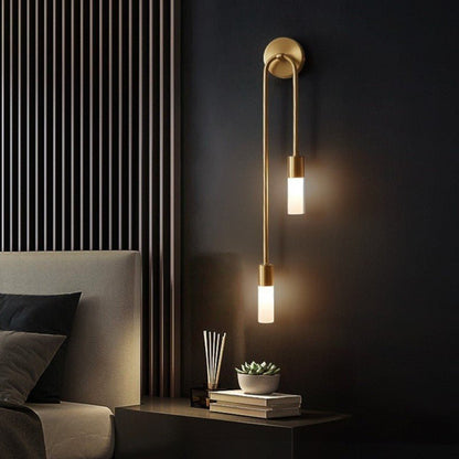 Vertical Brass Wall Light Dual Cylinder Sconce Frosted Shade Mid-Century for Bedroom Hallway Vanity Accent Lighting Contemporary Metal