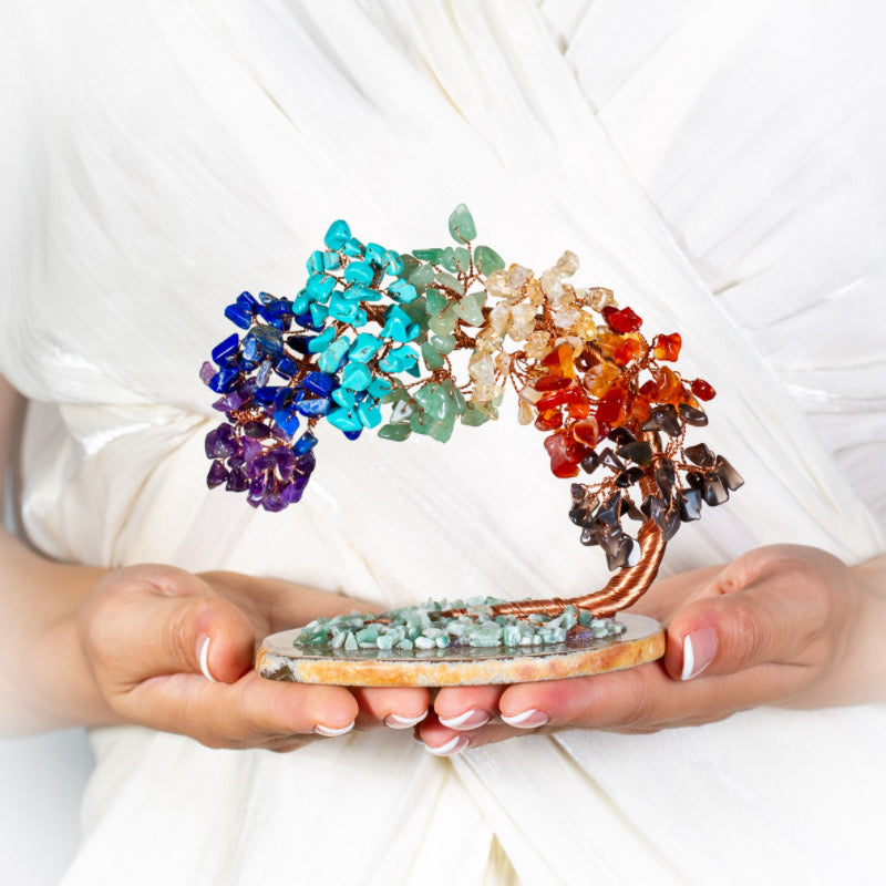 Chakra Crystal Tree Sculpture with Copper Wire & Natural Gemstones for Home Decor