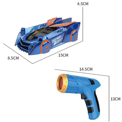 Voiture télécommandée monte-mur avec télécommande laser – Bolide cascadeur anti-gravité pour surfaces lisses, lumières LED, rotations à 360°, 3 ans et plus