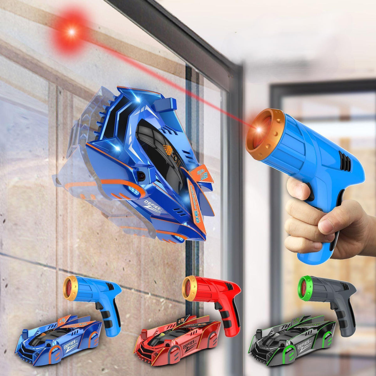 Voiture télécommandée monte-mur avec télécommande laser – Bolide cascadeur anti-gravité pour surfaces lisses, lumières LED, rotations à 360°, 3 ans et plus
