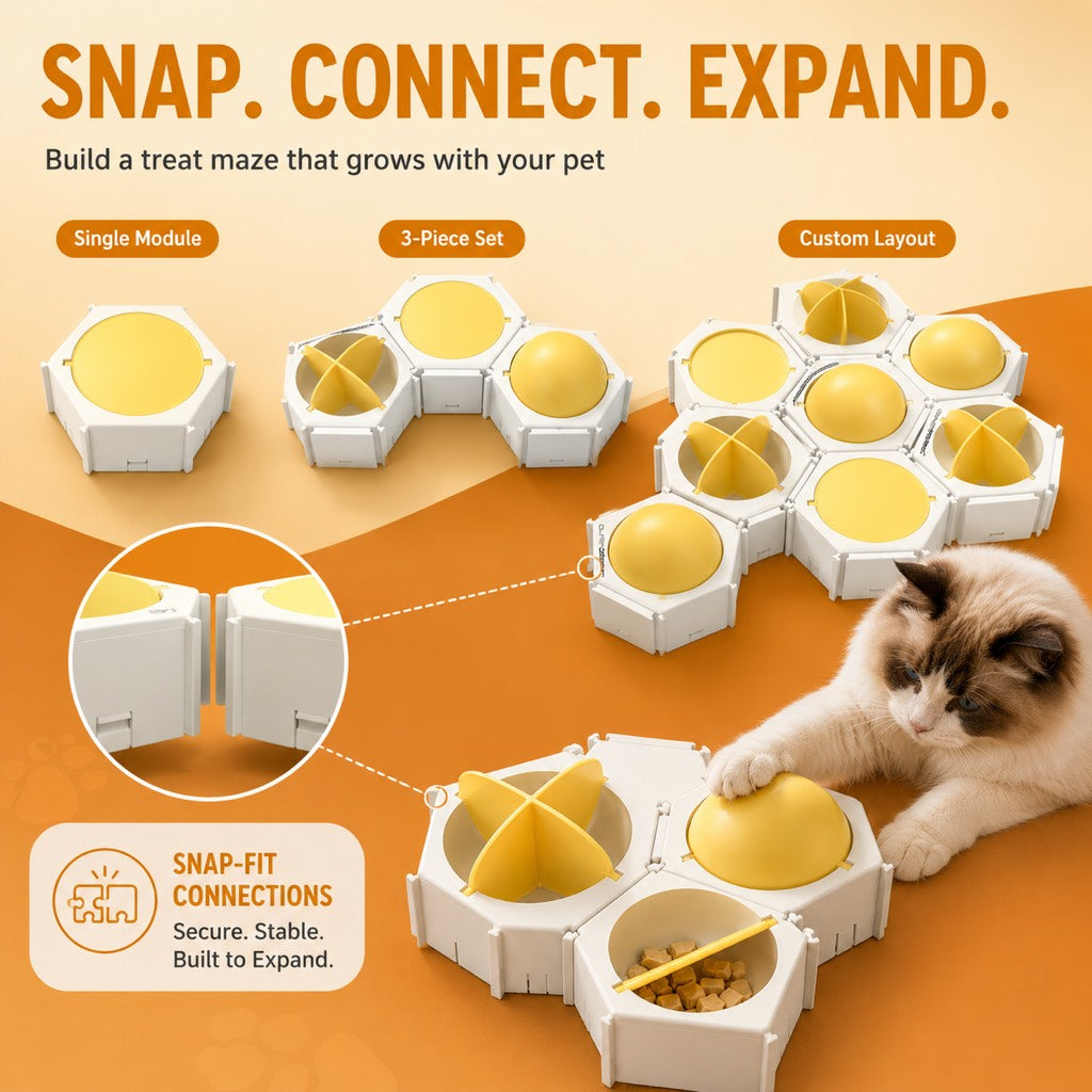Ortekor Modular Cat Puzzle Feeder Toy for Indoor Treat Time - Hexagon Slow Feeder Enrichment Game to Keep Bored Cats Busy