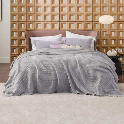 100% Cotton Waffle Weave Throw Blanket Queen King Breathable Lightweight Bed Cover for All Seasons Couch Sofa Bedroom Layering Textured
