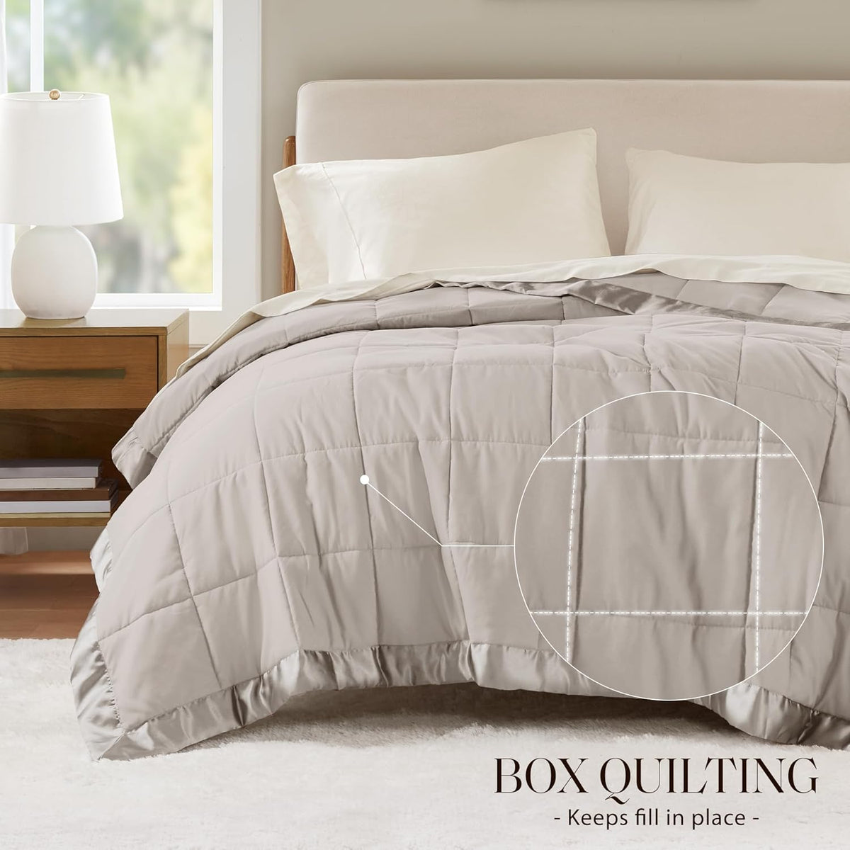 Collection Windom | Couverture en duvet synthétique avec traitement anti-humidité | Couvre-lit léger et doux toutes saisons, bordure satinée