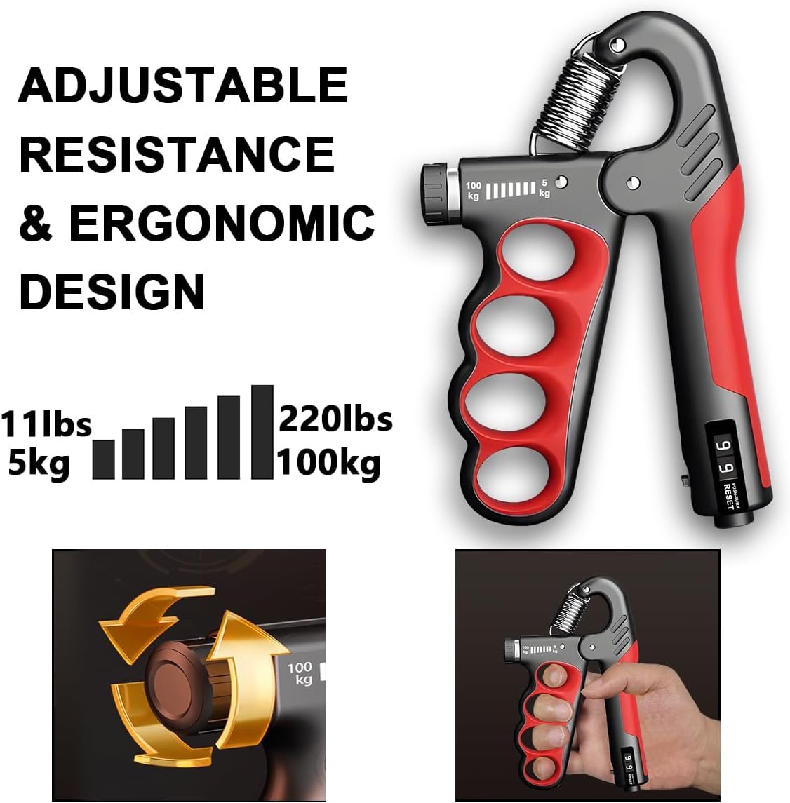 Adjustable Hand Grip Strengthener with Counter Up to 220 lbs Resistance for Forearm Training & Grip Workout at Home or Gym