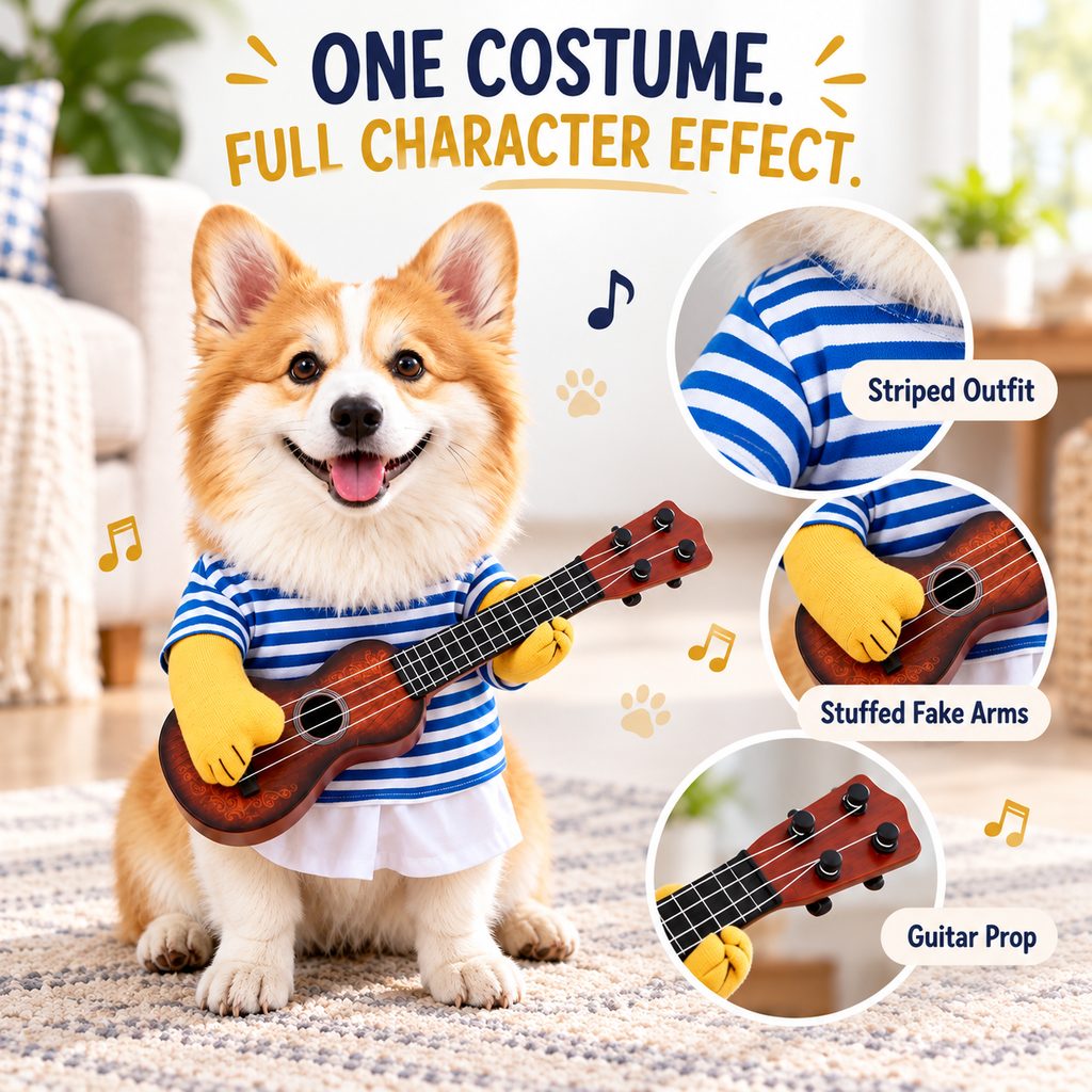 Ortekor Funny Guitar Player Dog Costume with Fake Arms & Guitar - Halloween Party Outfit for Instant Photo-Ready Fun