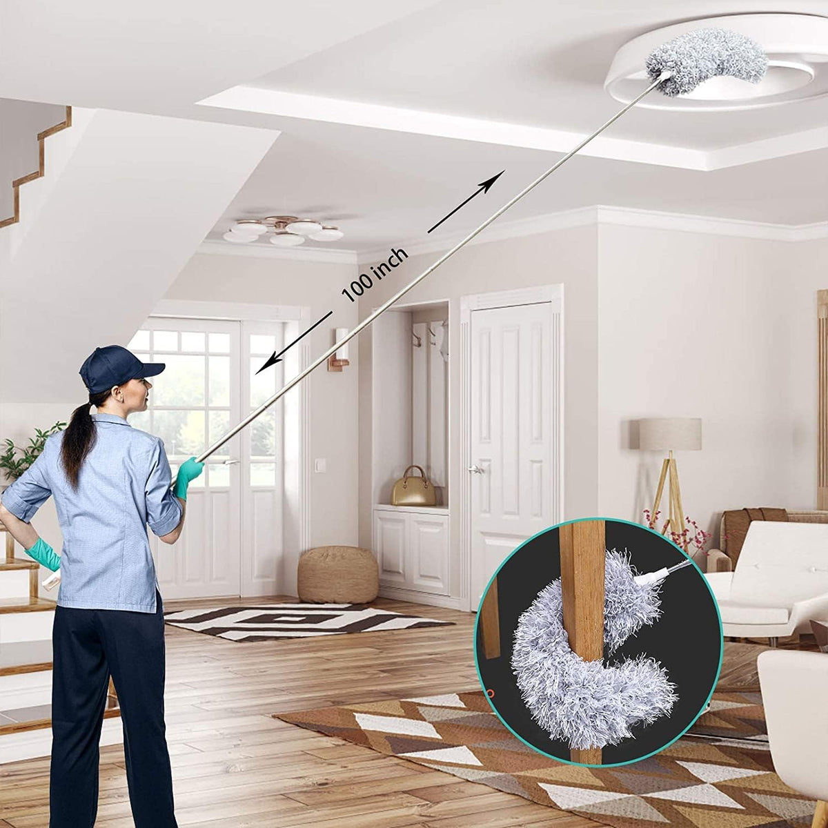 Extendable Microfiber Duster with Bendable Head 34–110 Inches for High Ceilings Fans Cobwebs Washable Lightweight Gray Pole Household Indoor