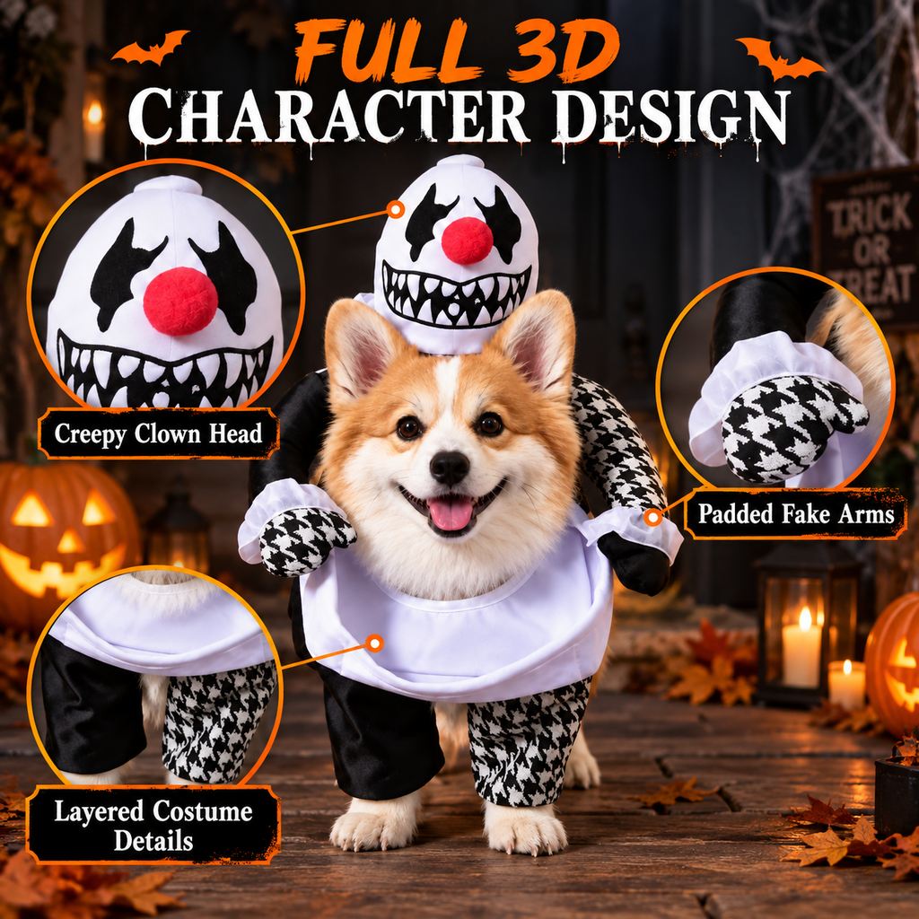 Ortekor Creepy Clown Dog Costume with Fake Arms - Halloween Trick-or-Treat Outfit for a Standout 3D Walking Look