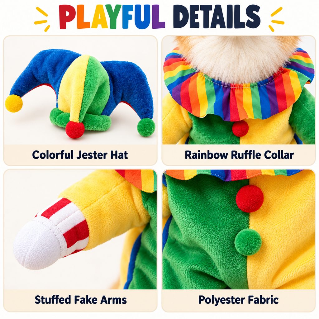 Ortekor Halloween Jester Clown Dog Costume with Hat & Fake Arms - Funny Photo-Ready Pet Outfit for Trick-or-Treat Parties
