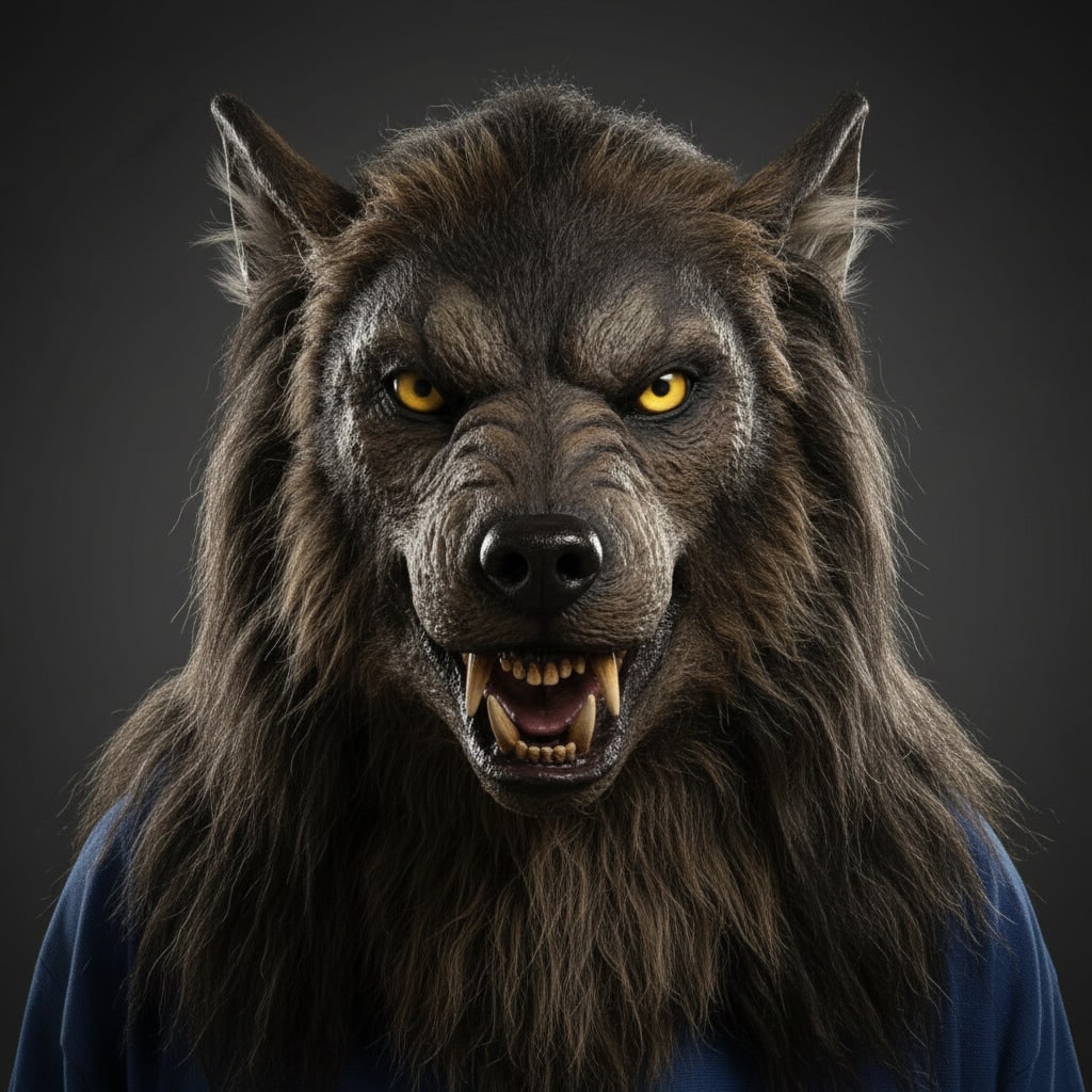 Wolf Halloween Mask Realistic, Werewolf Mask Full Face with Fur Texture Snout and Fangs, Scary Mask for Adults