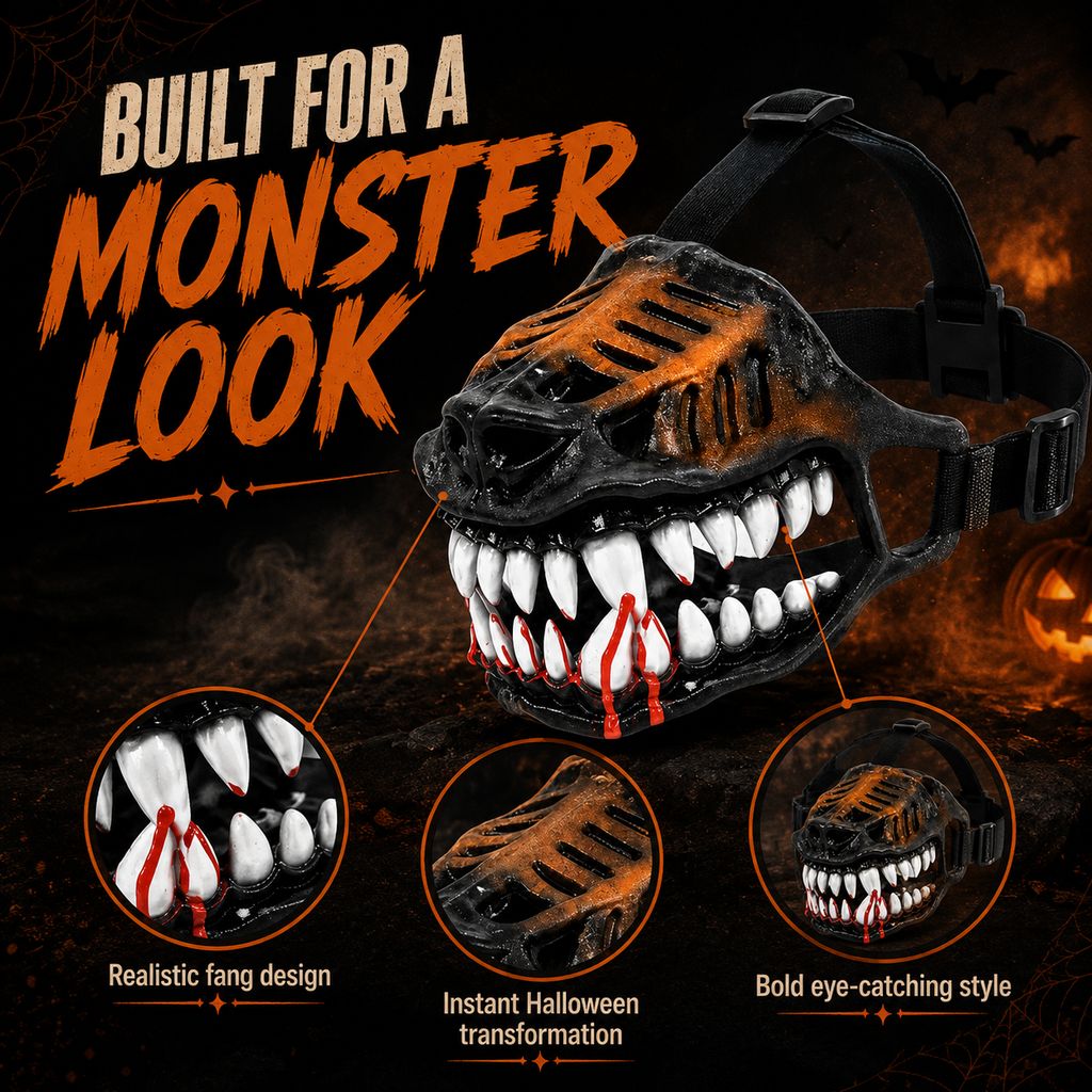 Ortekor Halloween Monster Dog Muzzle Costume - Adjustable Open-Nose Fang Mask for Parties, Photos & Spooky Walks