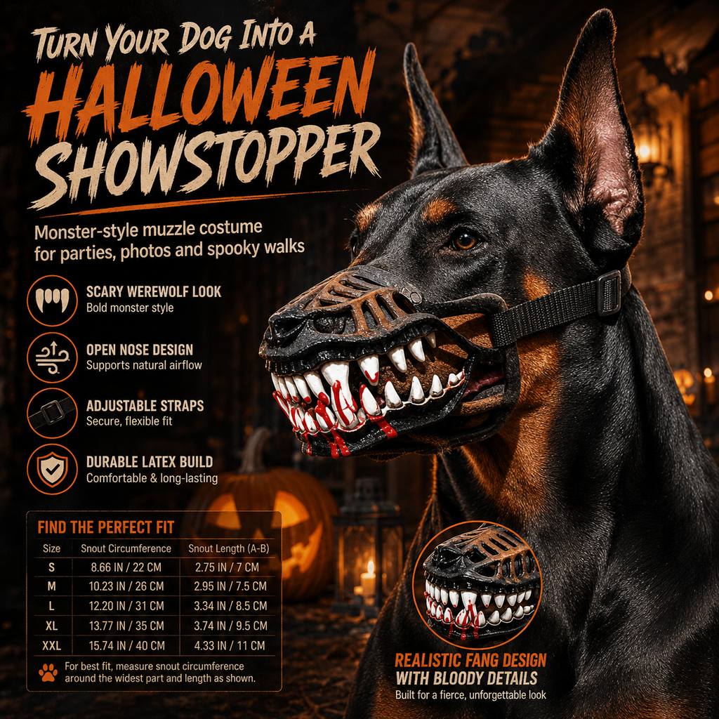 Ortekor Halloween Monster Dog Muzzle Costume - Adjustable Open-Nose Fang Mask for Parties, Photos & Spooky Walks