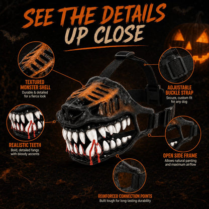 Ortekor Halloween Monster Dog Muzzle Costume - Adjustable Open-Nose Fang Mask for Parties, Photos & Spooky Walks