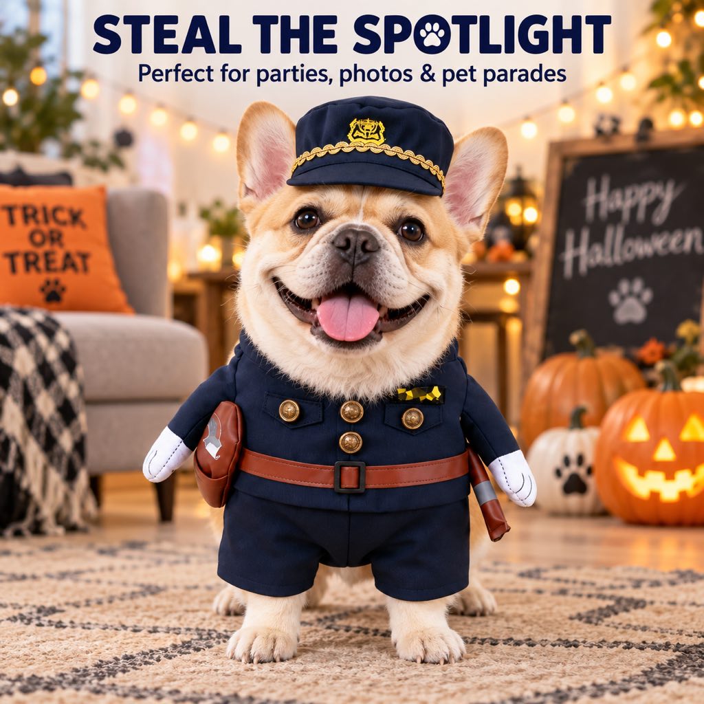 Halloween Police Officer Dog Costume with Hat – Funny Pet Cop Uniform for Trick-or-Treating, Parties & Photo Moments