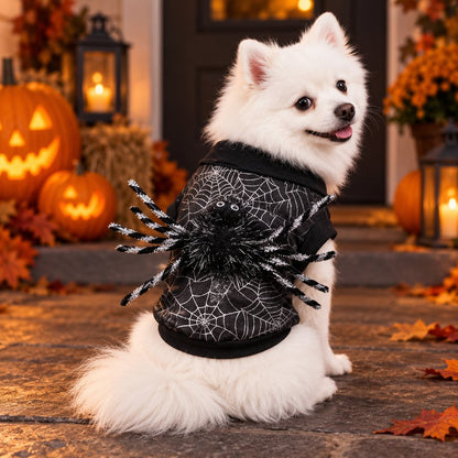 Ortekor Halloween Spider Web Dog Costume with 3D Spider - Easy Two-Leg Pet Outfit for Trick-or-Treat, Parties & Photos