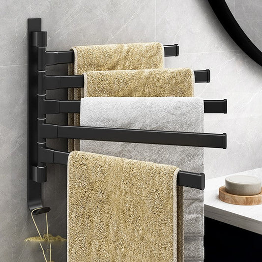 5-Arm Rotating Towel Bar Wall Mount Metal Holder for Bathroom 14 in Wide Black Space-Saving Swivel Rack for Guest Bath Powder Room Laundry