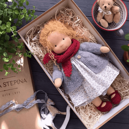 Handcrafted Waldorf Doll with Knitted Outfit – Natural Cotton & Wool Heirloom Toy for Kids 3+